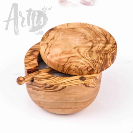 Olive Wood Salt Cellar with Pivoting Lid &amp Spoon