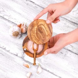 Olive Wood Salt Cellar with Pivoting Lid &amp Spoon