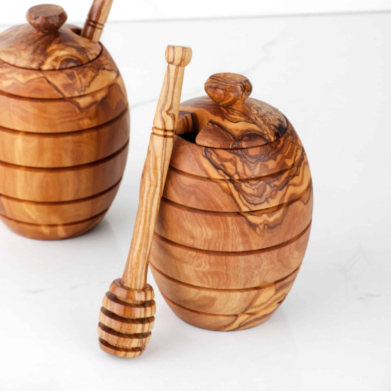 Set of 2 Honey Pots with Dipper | Honey Jar with dipper handmade from Olive wood | Honey Dispenser (US FAST Shipping +Free Wood 