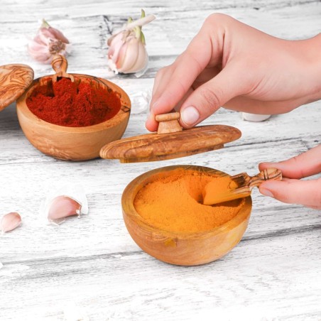 Set of 2 Salt Cellars with Spoon/Spice Jars with Lid and Spoon made of Tunisian Olive Wood (+2 Small Spice Spoon &amp Free Wood 