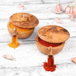 Set of 2 Salt Cellars with Spoon/Spice Jars with Lid and Spoon made of Tunisian Olive Wood (+2 Small Spice Spoon &amp Free Wood 