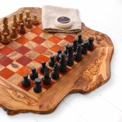 Olive Wood Chess Set with Irregular Rustic Board – Handcrafted Rustic Elegance