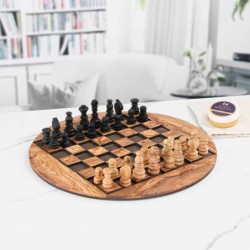 Round Chess Board Wooden with Chess Pieces