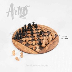 Round Chess Board Wooden with Chess Pieces