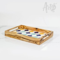 Wood Serving Tray with Handles and Ceramic Tiles
