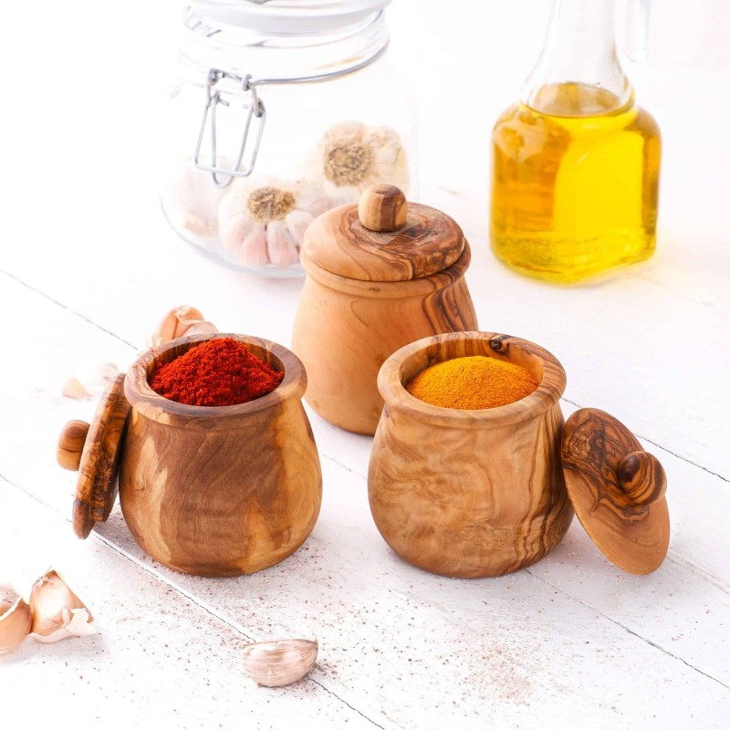 Set of 3 Wood Spice Jars Wooden Lids