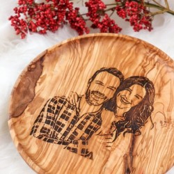 Engraved Couple Portrait on Round Wooden Board